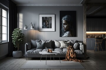 Living room with a gray sofa