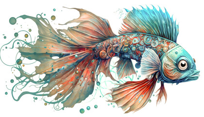 Fototapeta premium Beautiful graceful fish watercolor art with patterns on white. Generative AI