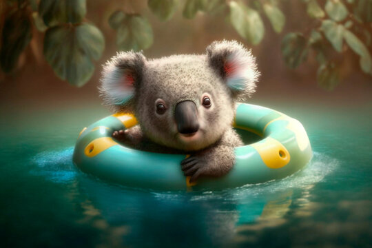 Koala in a swim ring in a pool or See AI generated content