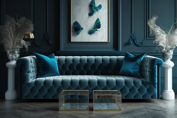 Mock up interior for living room, luxury blue sofa in gray background