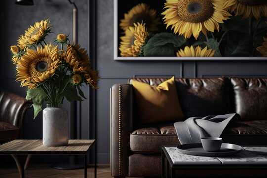 Sunflowers on wooden table next to leather sofa in living room interior with posters. Real photo