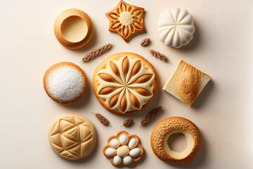 Different fresh and tasty bakery products. Top view home made buns and cookies. Pastry food collection. Flat lay composition. AI generative image.