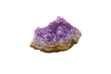 Crystal stone is a mineral. Purple rough amethyst quartz crystals, isolated on white background