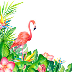 Pink flamingo. Composition of monstera, palm branch and plumeria on an isolated background. An exotic bird. Watercolor illustration.