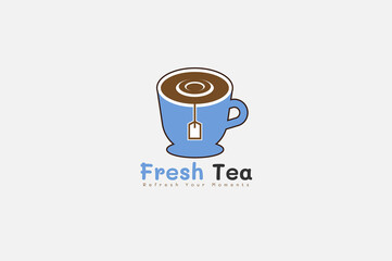 Tea Logo Design With Cup And Tea Bag. Healthy Fresh Tea Drink Concept Logo Design Vector.