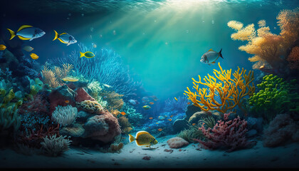 Beautiful underwater ocean bottom scene. Abstract marine background with copy space. AI generative image.