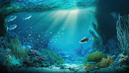 Fototapeta na wymiar Beautiful underwater ocean bottom scene. Abstract marine background with copy space. AI generative image.