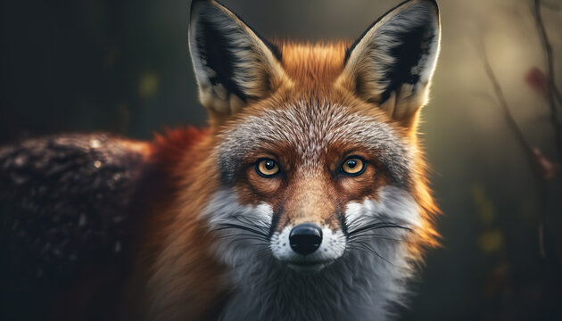 Beautiful red fox portrait on springtime outdoor nature background. AI generative image.