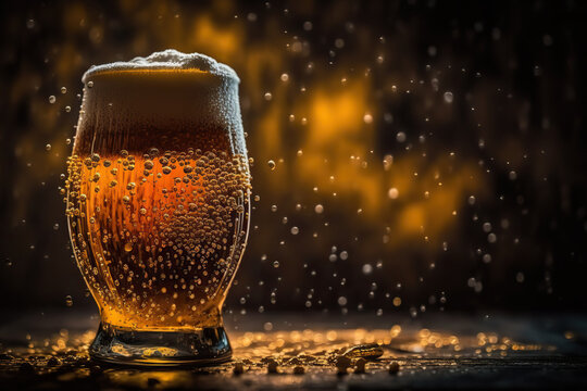 Close up glass of tasty cold beer on dark background. AI generative image.