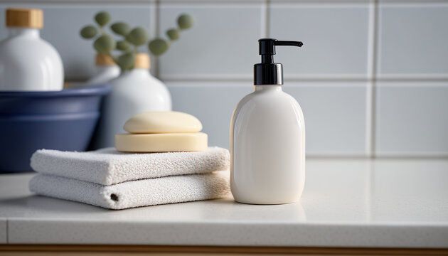 Liquid soap bottle with towels mockup. Indoor background. AI generative image.