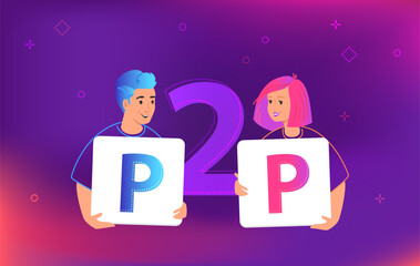 Young couple holding cards with letters p2p as symbol of cryptocurrency exchange. Gradient mesh vector illustration of people who exchange money from one person to another through online crypto market