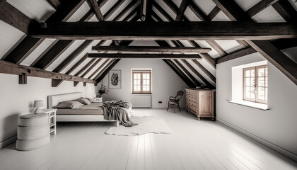 White minimal attic interior in scandinavian style. Cozy indoor background. AI generative image.