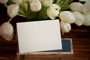 Fototapeta premium Bukiet tulipanów w tle, a na pierwszym planie biała kartka - zaproszenie z miejscem na tekst. Kwiaty i tekst. Dzień Kobiet.