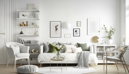 Modern cozy scandinavian living room interior with sofa and decorative elements. Shades of white. Indoor background. AI generative image.