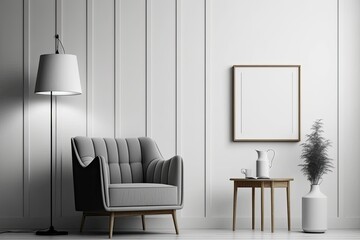 Armchair, coffee table, wood panel, floor lamp, and blank wall in modern minimalist room. mock up for an illustration generative ai