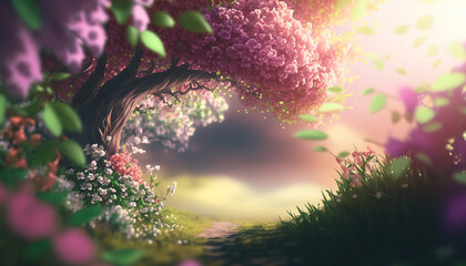 Beautiful enchanted landscape. Fantasy garden background. Magic meadow with spring blooming trees. Round frame with copy space in the middle. Fairy tale banner. AI generative image.