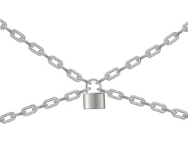 Padlock and chain. Gray metal chain and padlock, handcuffed card, vector