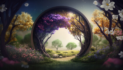 Beautiful enchanted landscape. Fantasy garden background. Magic meadow with spring blooming trees. Round entrance with copy space in the middle. Fairy tale banner. AI generative image. - obrazy, fototapety, plakaty
