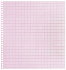 Checked spiral notebook page paper background, old aged pink chequered ring binder sheet flat lay copy space, vertical squared pattern maths notepad, torn out isolated blank empty blocknote notepaper