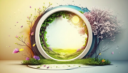 Beautiful enchanted landscape. Fantasy garden background. Magic meadow with spring blooming trees. Round door in the middle. Fairy tale banner. AI generative image. - obrazy, fototapety, plakaty