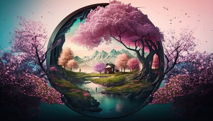 Beautiful enchanted landscape. Fantasy garden background. Magic meadow with spring blooming trees. Round frame with copy space in the middle. Fairy tale banner. AI generative image. - obrazy, fototapety, plakaty