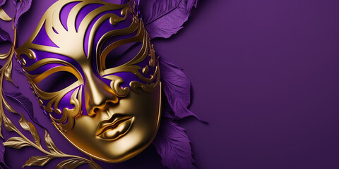 Mardi Gras festive mask in corner of horizontal banner with copy space on purple background. Fat Tuesday carnival flyer template. AI generative image. - obrazy, fototapety, plakaty