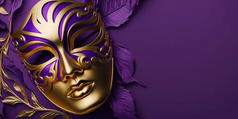 Gordijnen Mardi Gras festive mask in corner of horizontal banner with copy space on purple background. Fat Tuesday carnival flyer template. AI generative image. © vlntn
