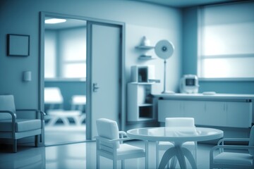 Blurry medical office background, interior in blue and white generative ai