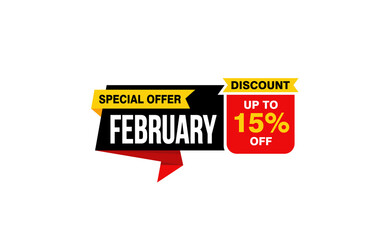 15 Percent FEBRUARY discount offer, clearance, promotion banner layout with sticker style.