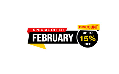 15 Percent FEBRUARY discount offer, clearance, promotion banner layout with sticker style.