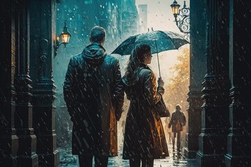 Couple on the rain at the city generative ai