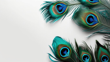 Obraz premium Horizontal solid white banner with beautiful shiny peacock feathers and clean copy space. AI generative image.