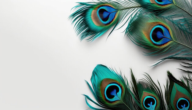 Horizontal solid white banner with beautiful shiny peacock feathers and clean copy space. AI generative image.