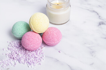 Colorful bath bombs and bath salts. Spa treatment