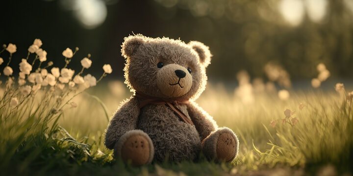 Cute teddy bear toy on a sunny lawn with flowers. Childhood concept. AI generative image.
