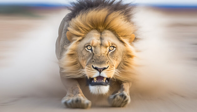 Aggressive snarling male lion running towards the camera. AI generative image.
