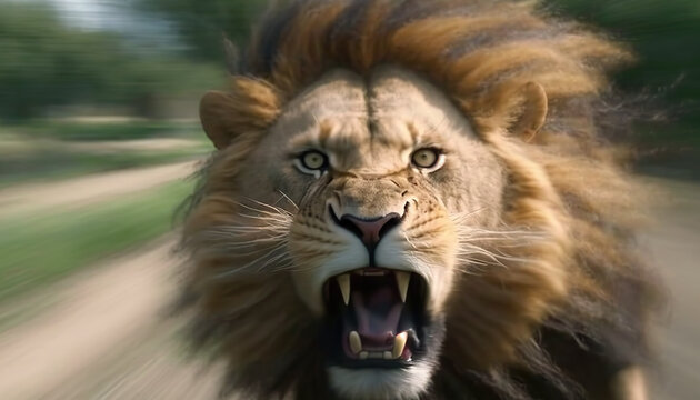 Aggressive snarling male lion running towards the camera. AI generative image.