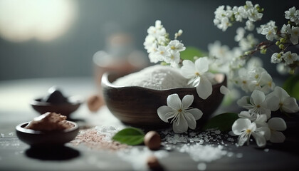 Horizontal spring banner with Spa accessories and decorative elements and copy space. Wellness concept. AI generative art.