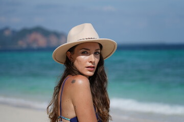 woman on the beach in krabi thailand, poda island, model shooting