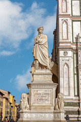 Fototapeta na wymiar Statue of poet Dante Alighieri in the Piazza di Santa Croce in Florence.