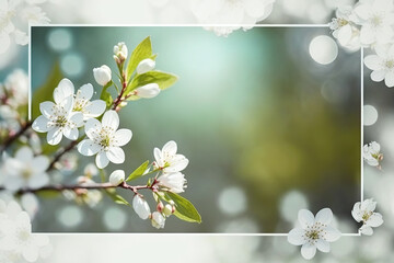 Springtime background with beautiful blossom tree branch. Horizontal spring floral banner with copy space. Greeting card template. AI generative image.