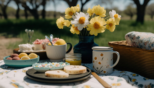 Spring picnic in a park on green grass meadow with flowers and tasty food. AI generative image.