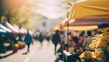 Abstract springtime street fair blurred background, outdoor backdrop with copy space. AI generative image.