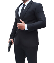 The bodyguard was wearing a black suit and holding a pistol. On transparent background, PNG file.