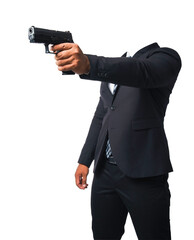 The bodyguard was wearing a black suit and holding a pistol. On transparent background, PNG file.