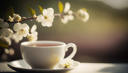 Herbal green tea, hot healthy beverage concept. Banner with copy space. Beautiful still life. AI generative image.
