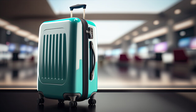 Close up travel luggage on blurred airport or station background with copy space. Big suitcase with wheels. AI generative image.
