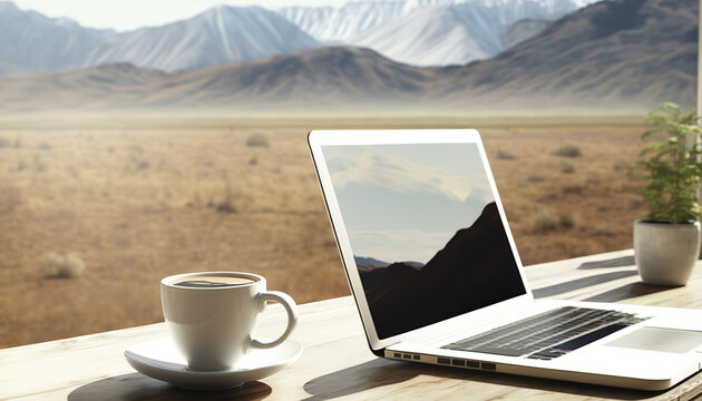 Window with beautiful view on mountains and desk with laptop computer and cup of coffee or tea. Freelance job concept. AI generative image.
