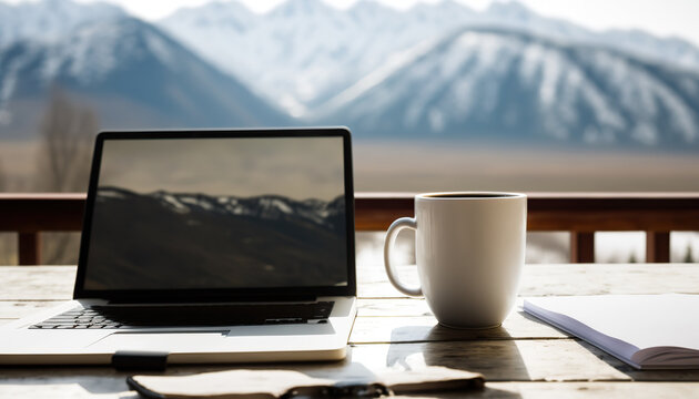 Window with beautiful view on mountains and desk with laptop computer and cup of coffee or tea. Freelance job concept. AI generative image.