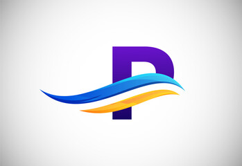 Initial P alphabet with swoosh or ocean wave logo design. Graphic alphabet symbol for corporate business identity